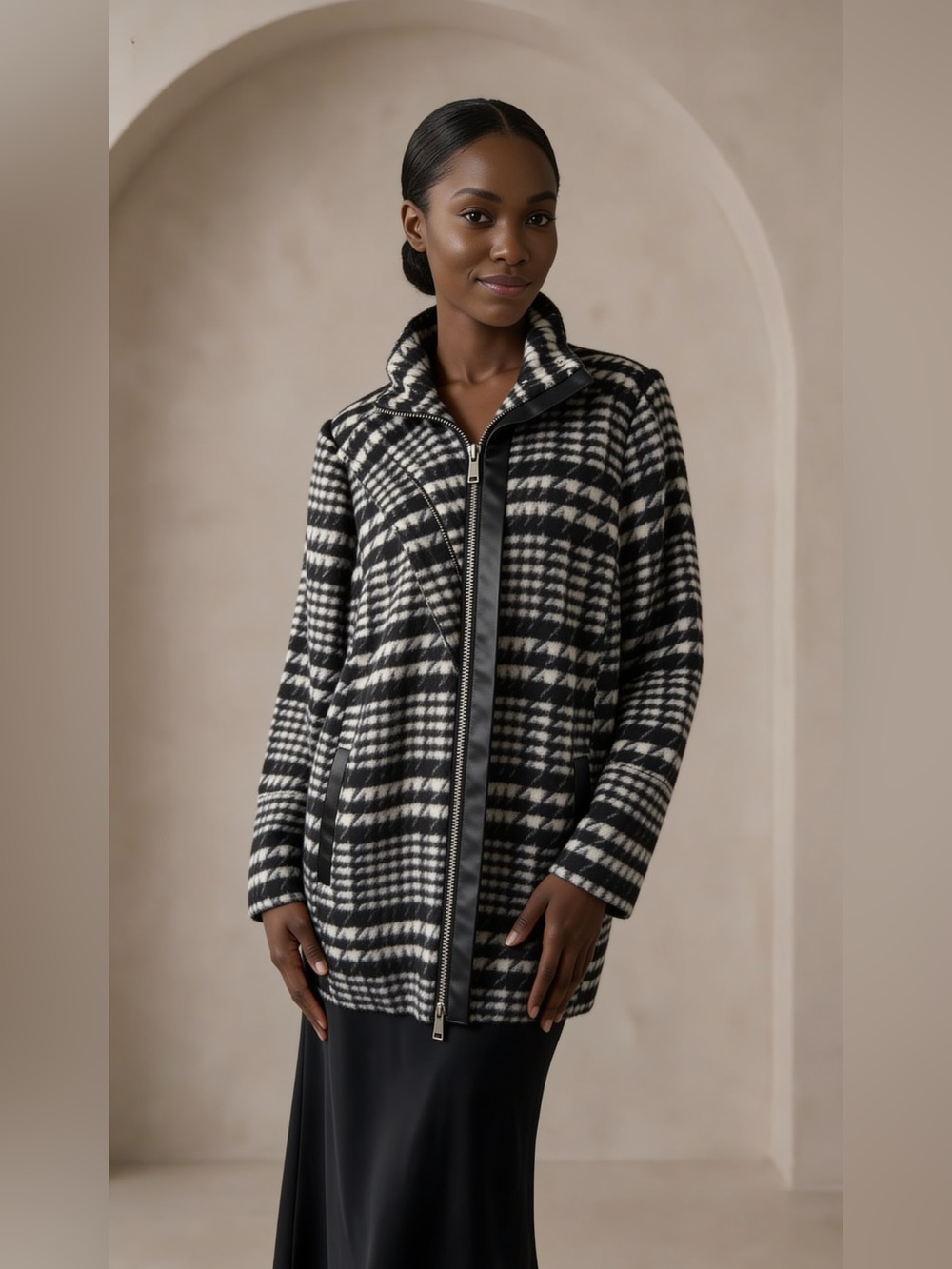 Rafaella Black & White Plaid Moto Coat